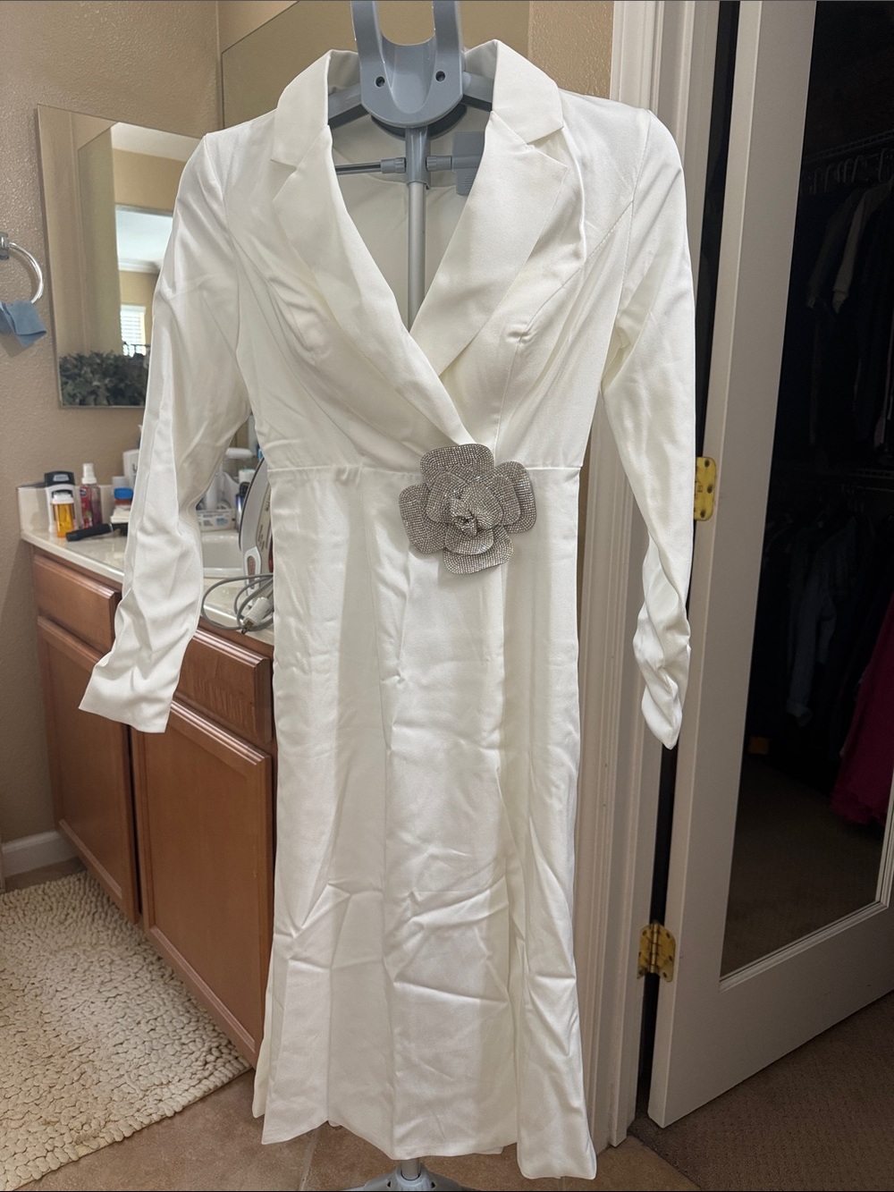 White Long Sleeve V-neck Satin Dress with Silver Floral Accent
